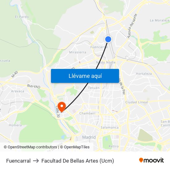 Fuencarral to Facultad De Bellas Artes (Ucm) map
