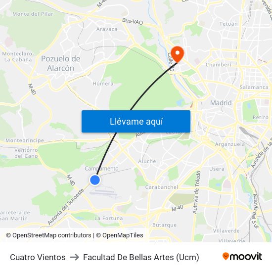Cuatro Vientos to Facultad De Bellas Artes (Ucm) map