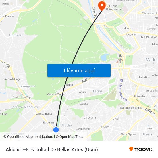 Aluche to Facultad De Bellas Artes (Ucm) map