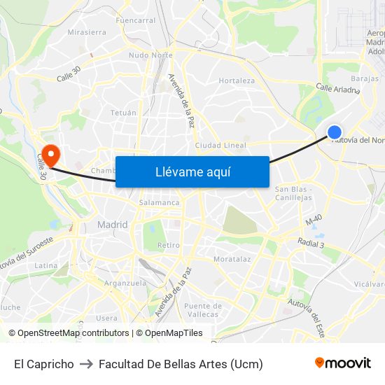 El Capricho to Facultad De Bellas Artes (Ucm) map
