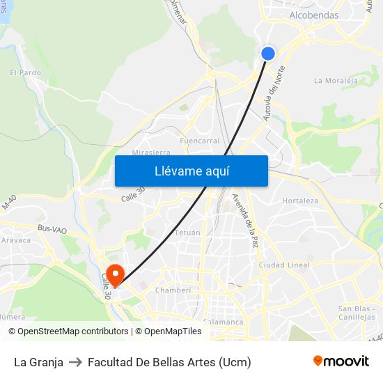 La Granja to Facultad De Bellas Artes (Ucm) map