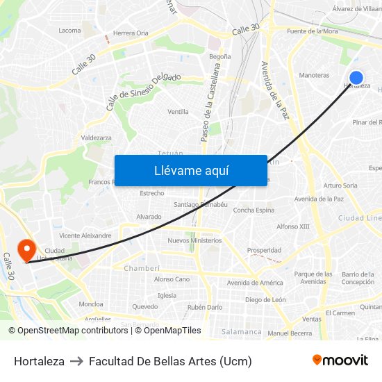 Hortaleza to Facultad De Bellas Artes (Ucm) map
