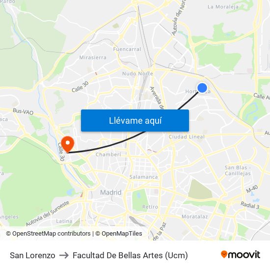 San Lorenzo to Facultad De Bellas Artes (Ucm) map