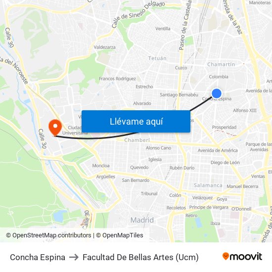Concha Espina to Facultad De Bellas Artes (Ucm) map
