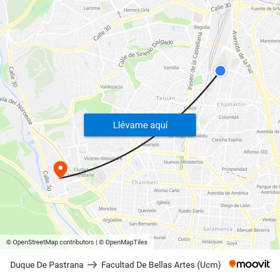Duque De Pastrana to Facultad De Bellas Artes (Ucm) map