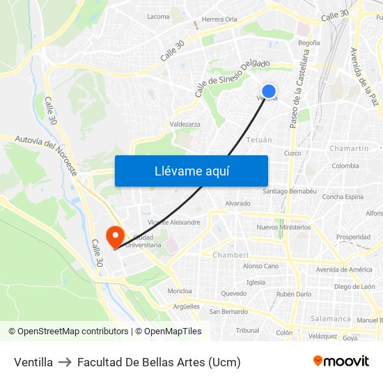 Ventilla to Facultad De Bellas Artes (Ucm) map
