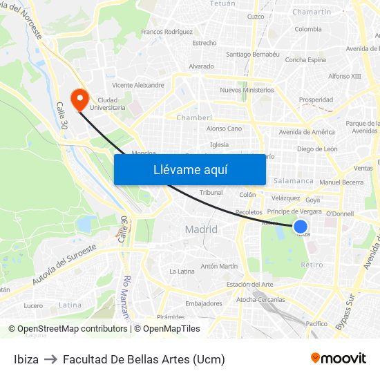 Ibiza to Facultad De Bellas Artes (Ucm) map