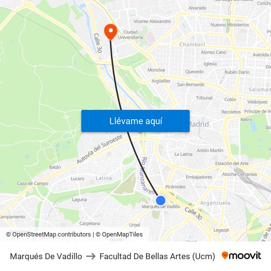 Marqués De Vadillo to Facultad De Bellas Artes (Ucm) map