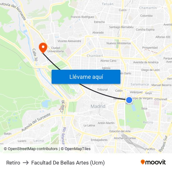 Retiro to Facultad De Bellas Artes (Ucm) map