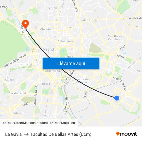 La Gavia to Facultad De Bellas Artes (Ucm) map