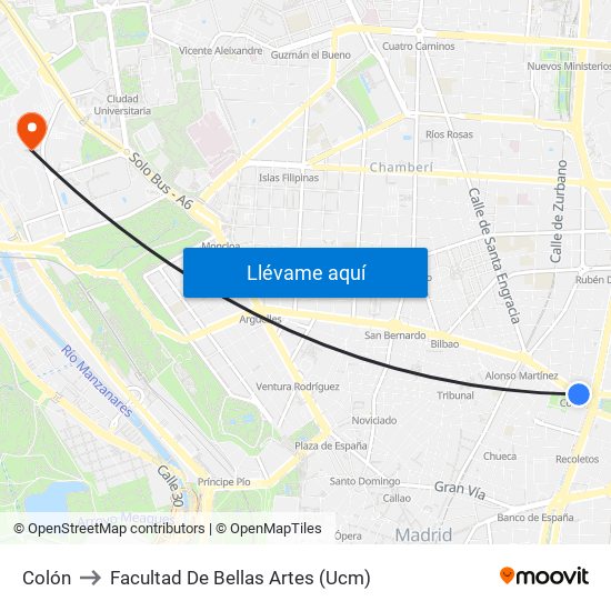 Colón to Facultad De Bellas Artes (Ucm) map