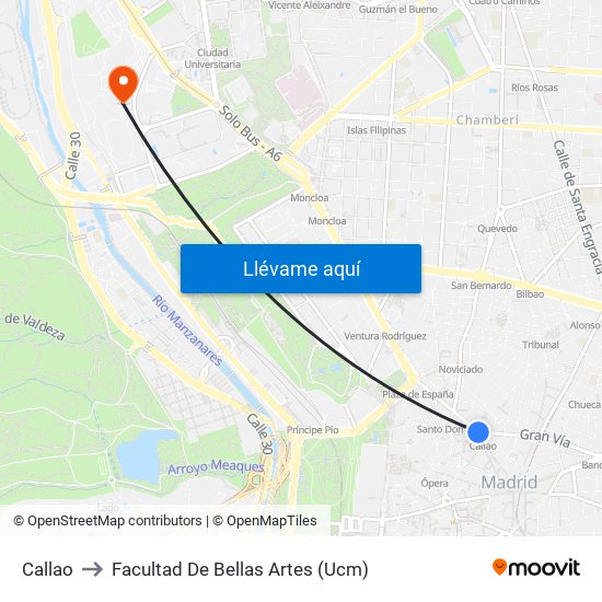 Callao to Facultad De Bellas Artes (Ucm) map