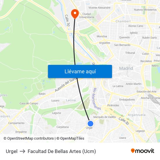 Urgel to Facultad De Bellas Artes (Ucm) map