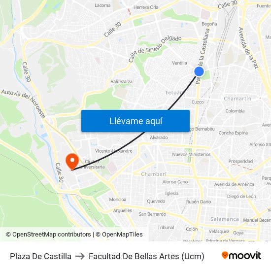 Plaza De Castilla to Facultad De Bellas Artes (Ucm) map