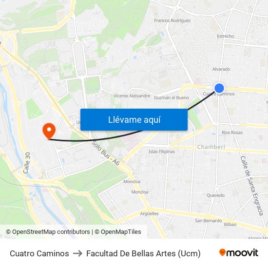 Cuatro Caminos to Facultad De Bellas Artes (Ucm) map