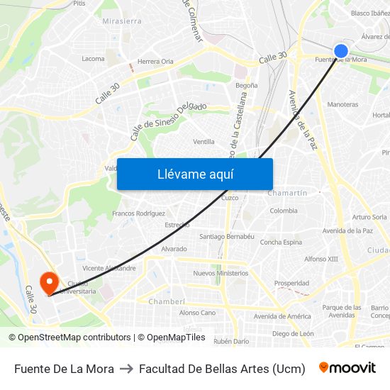Fuente De La Mora to Facultad De Bellas Artes (Ucm) map