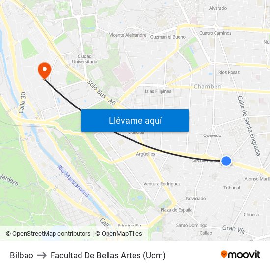 Bilbao to Facultad De Bellas Artes (Ucm) map