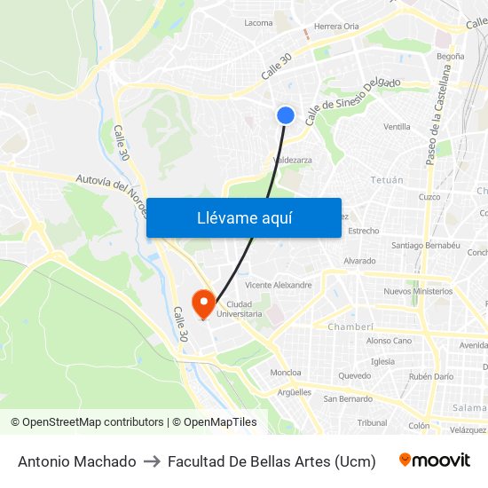 Antonio Machado to Facultad De Bellas Artes (Ucm) map