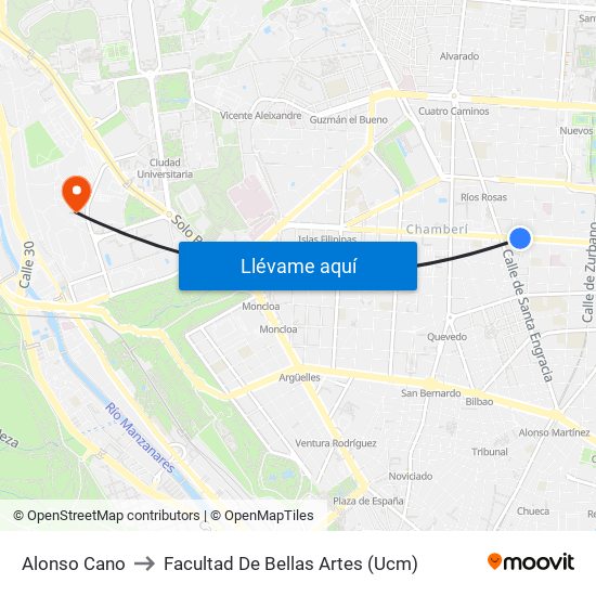 Alonso Cano to Facultad De Bellas Artes (Ucm) map