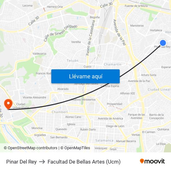 Pinar Del Rey to Facultad De Bellas Artes (Ucm) map