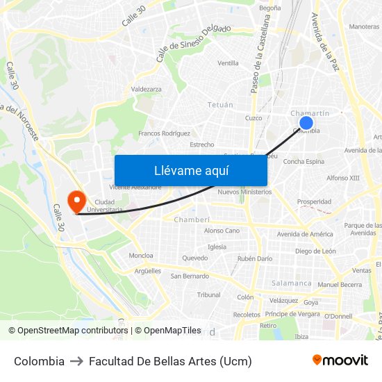 Colombia to Facultad De Bellas Artes (Ucm) map