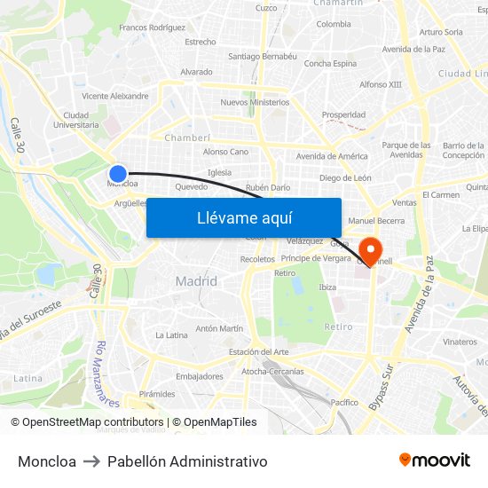 Moncloa to Pabellón Administrativo map