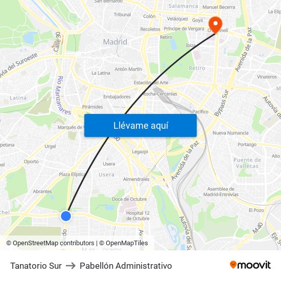 Tanatorio Sur to Pabellón Administrativo map