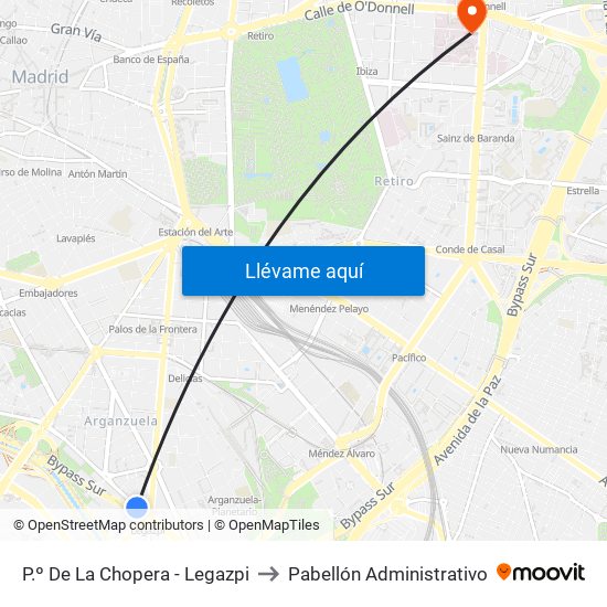 P.º De La Chopera - Legazpi to Pabellón Administrativo map