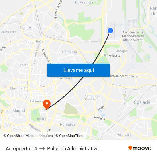 Aeropuerto T4 to Pabellón Administrativo map