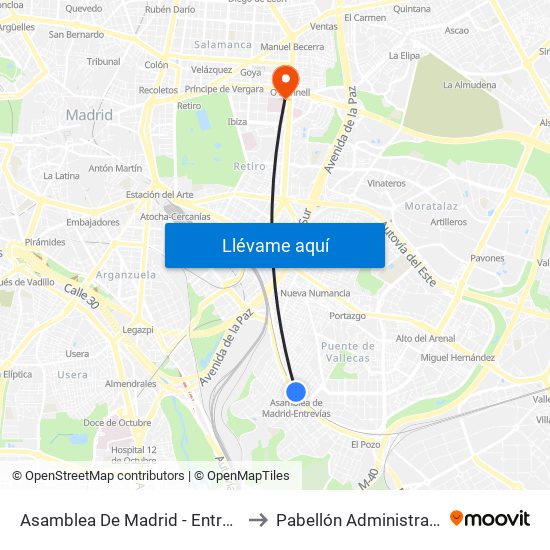Asamblea De Madrid - Entrevías to Pabellón Administrativo map