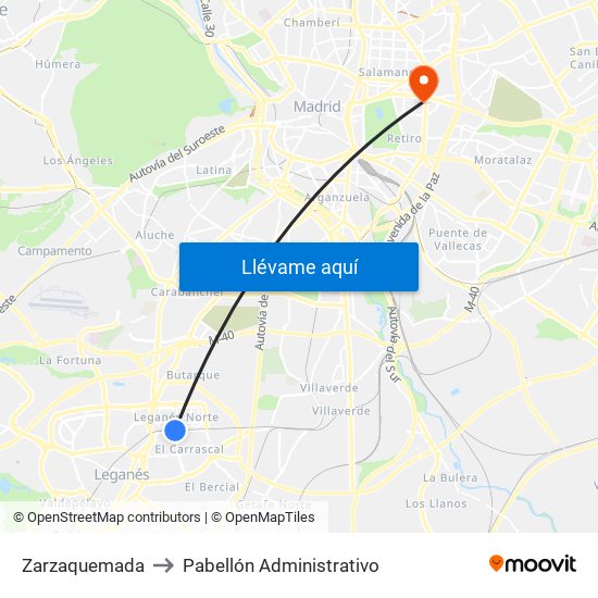 Zarzaquemada to Pabellón Administrativo map