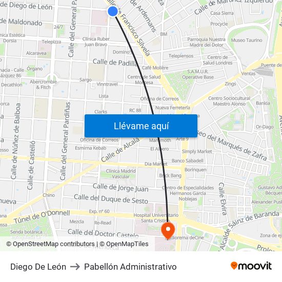 Diego De León to Pabellón Administrativo map