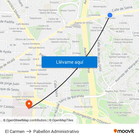 El Carmen to Pabellón Administrativo map