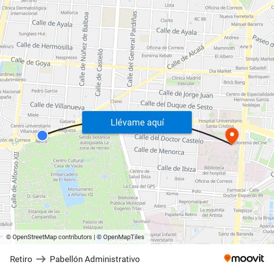 Retiro to Pabellón Administrativo map
