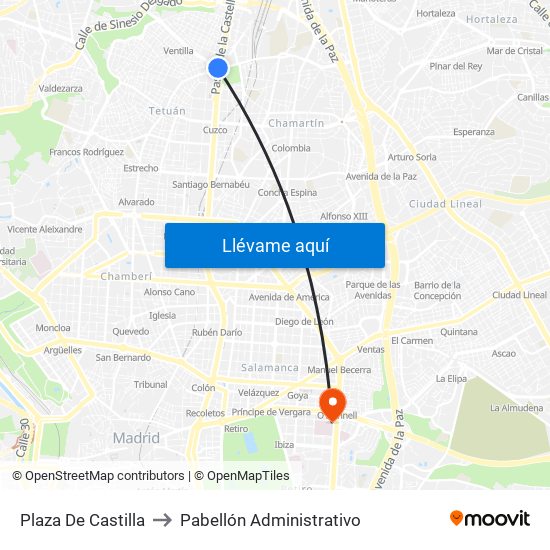 Plaza De Castilla to Pabellón Administrativo map