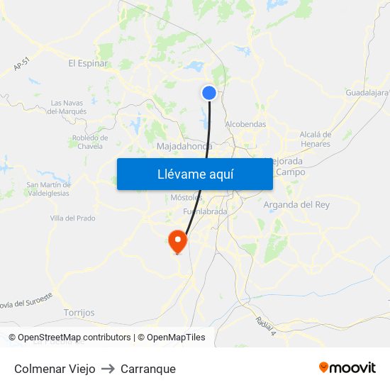 Colmenar Viejo to Carranque map