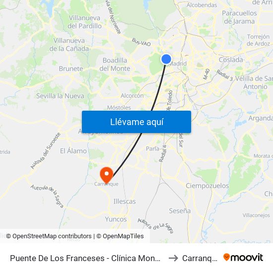 Puente De Los Franceses - Clínica Moncloa to Carranque map