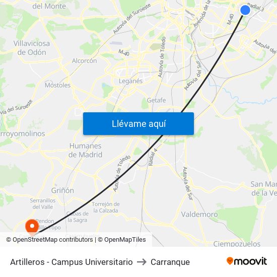 Artilleros - Campus Universitario to Carranque map