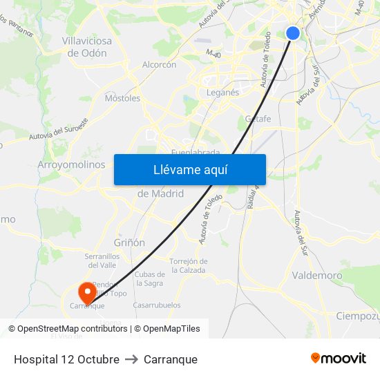 Hospital 12 Octubre to Carranque map