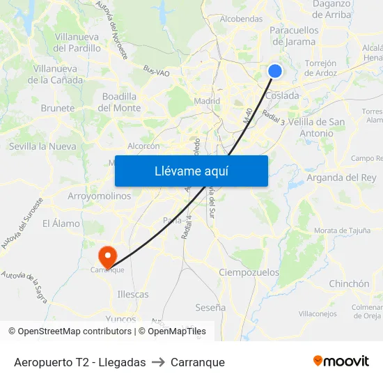 Aeropuerto T2 - Llegadas to Carranque map