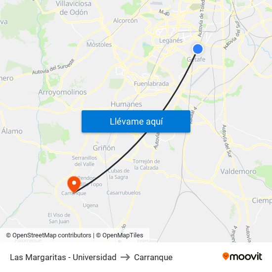 Las Margaritas - Universidad to Carranque map