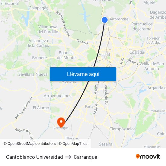 Cantoblanco Universidad to Carranque map
