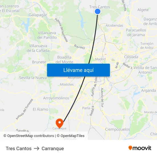 Tres Cantos to Carranque map