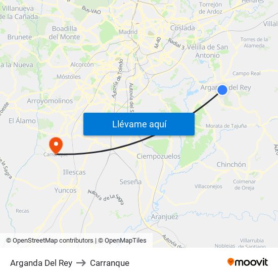 Arganda Del Rey to Carranque map