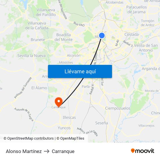 Alonso Martínez to Carranque map