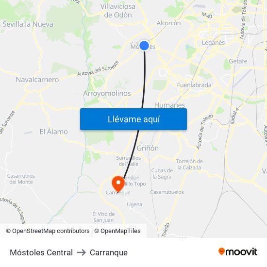 Móstoles Central to Carranque map