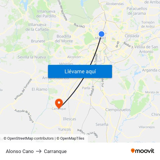 Alonso Cano to Carranque map