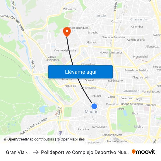 Gran Vía - Montera to Polideportivo Complejo Deportivo Nuestra Señora De La Almudena map