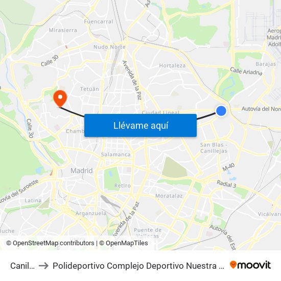 Canillejas to Polideportivo Complejo Deportivo Nuestra Señora De La Almudena map