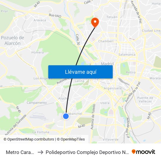 Metro Carabanchel Alto to Polideportivo Complejo Deportivo Nuestra Señora De La Almudena map